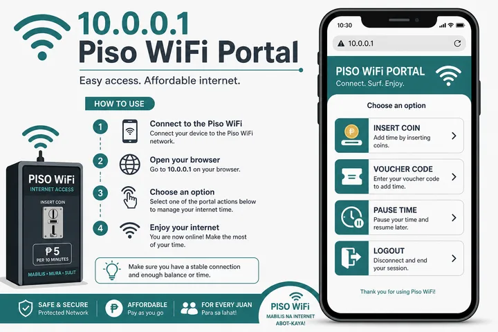 10.0.0.1 Piso WiFi portal with pause voucher and coin options