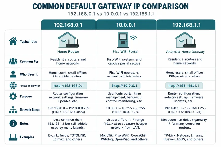 192.168.0.1 compared with 10.0.0.1 and 192.168.1.1 gateways