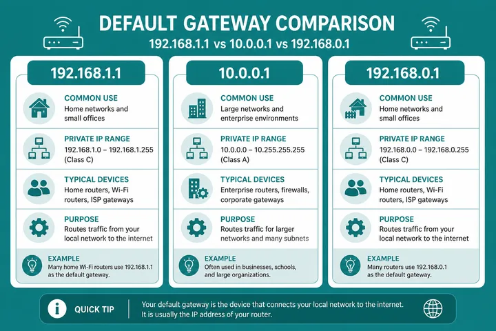 192.168.1.1 compared with 10.0.0.1 and 192.168.0.1 gateways