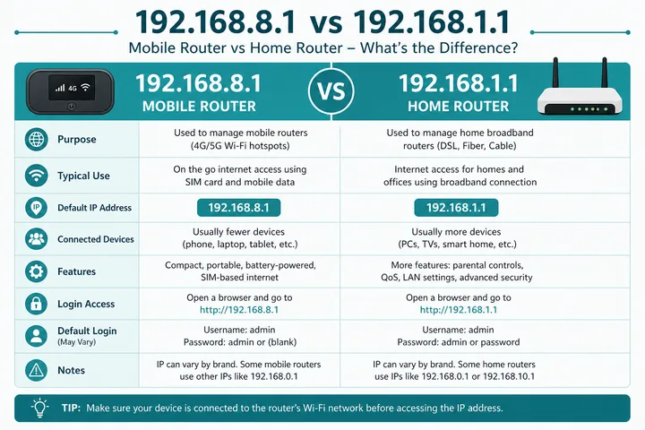 192.168.8.1 Huawei mobile WiFi compared with 192.168.1.1 home router
