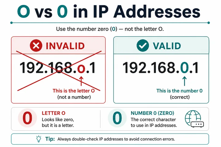 192.168.o.1 letter O typo invalid versus correct 192.168.0.1