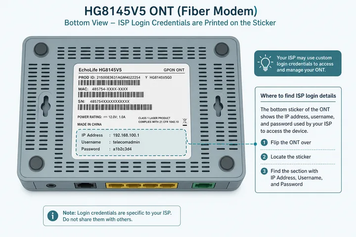 Huawei HG8145V5 ISP Context Huawei HG8145V5 ONT sticker and ISP-specific login credentials