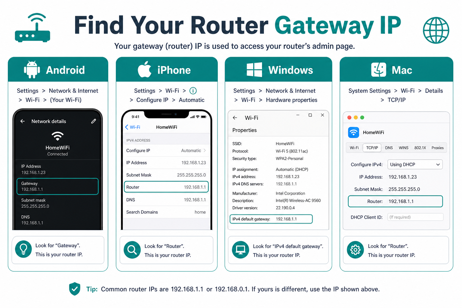 How to find your router gateway IP on Android iPhone Windows Mac