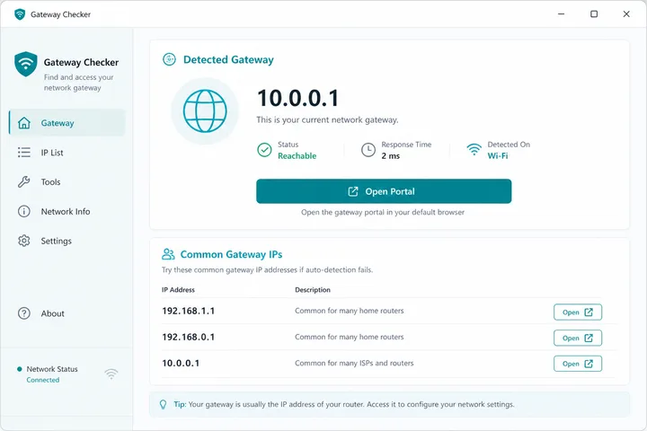Gateway checker tool detecting default gateway IP
