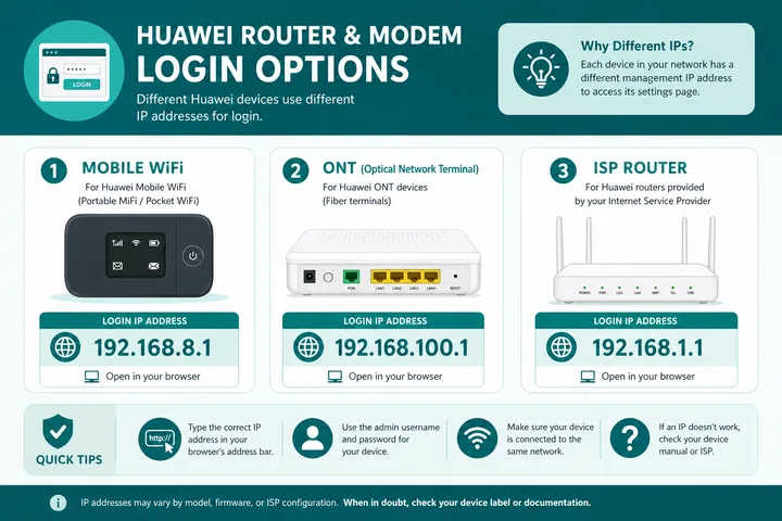 Huawei Login Gateway Choices Huawei router and modem login gateway choices for Mobile WiFi CPE and ONT