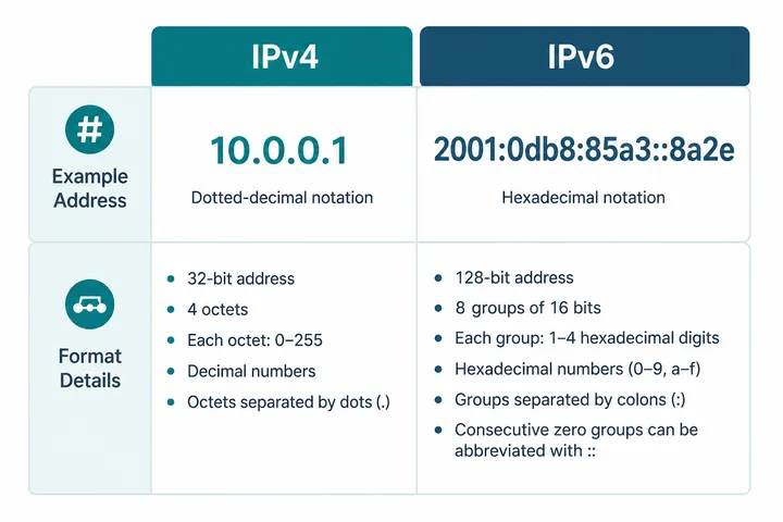 IPv4 dotted decimal address compared with IPv6 hexadecimal address