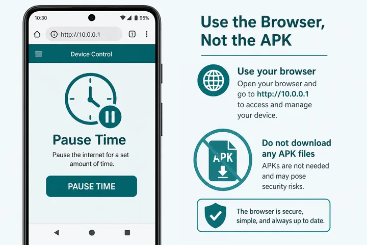 Android Chrome pause time at 10.0.0.1 without APK