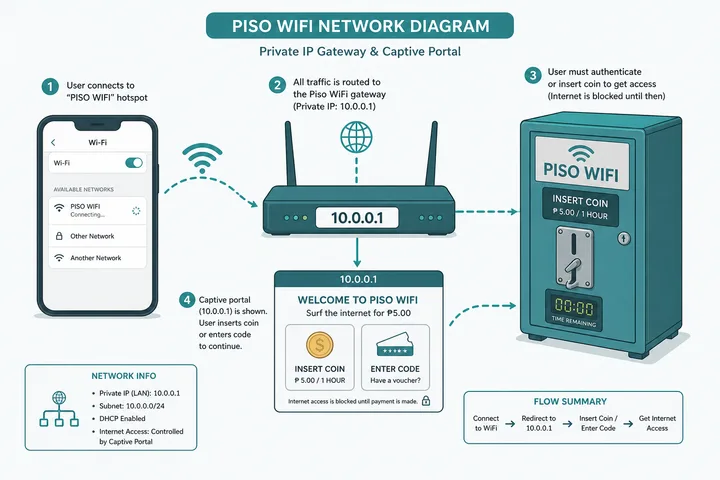 10.0.0.1 private IP used as a Piso WiFi gateway and captive portal