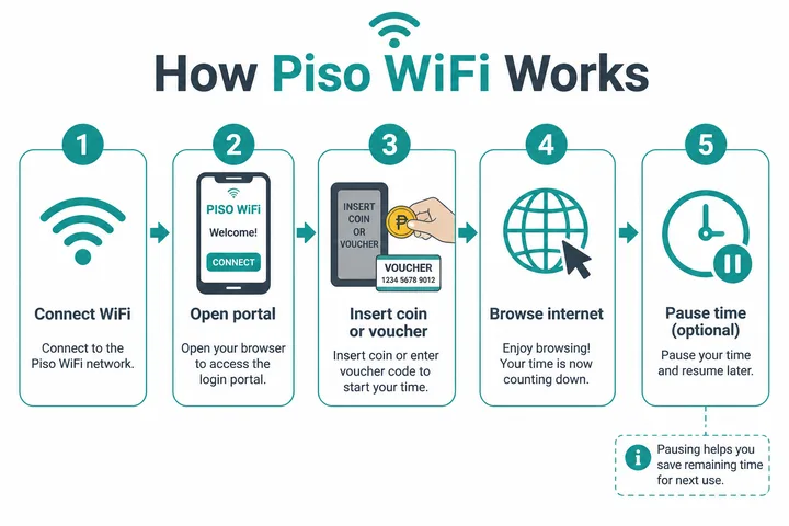 How Piso WiFi works step by step from connect to pause
