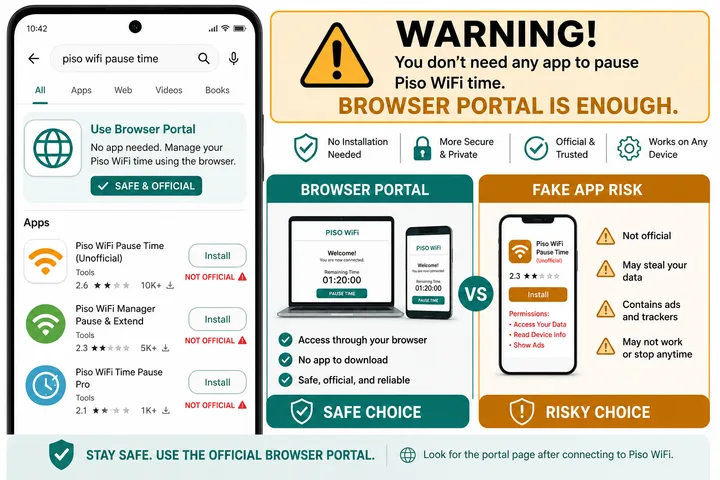 Piso WiFi pause time app versus browser portal warning