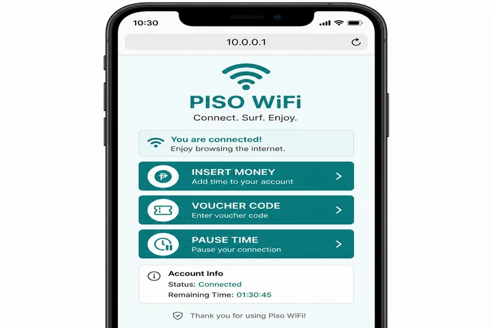 Piso WiFi portal login with insert money voucher and pause