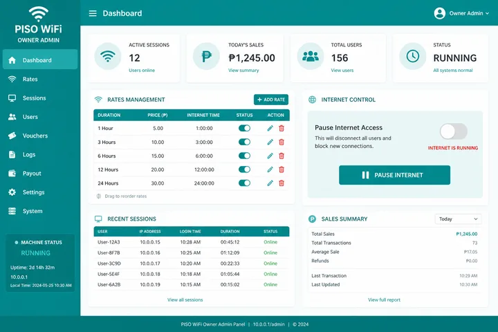 Piso WiFi vendo setup admin at 10.0.0.1 admin rates timer