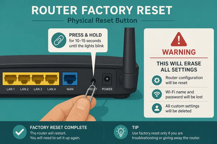 Physical reset button on router for factory restore of 10.0.0.1 password