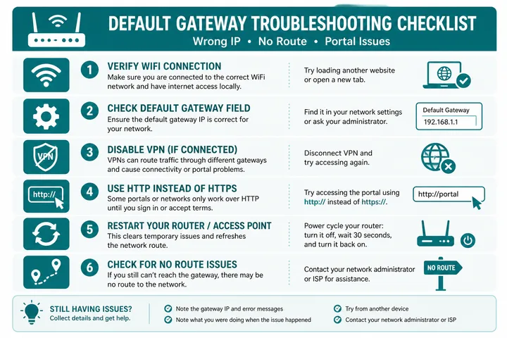 Default Gateway Troubleshooting Default gateway troubleshooting for wrong IP no route and portal issues