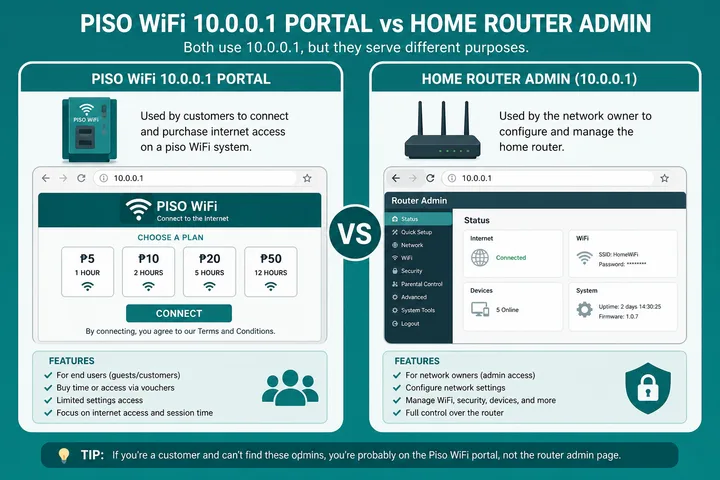 Piso WiFi 10.0.0.1 portal vs home router admin IP addresses