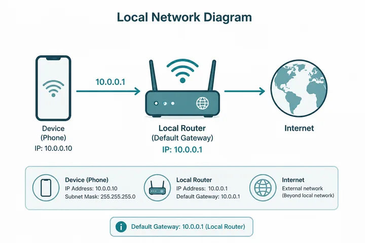 10.0.0.1 Gateway Example Device using 10.0.0.1 as the local router and default gateway