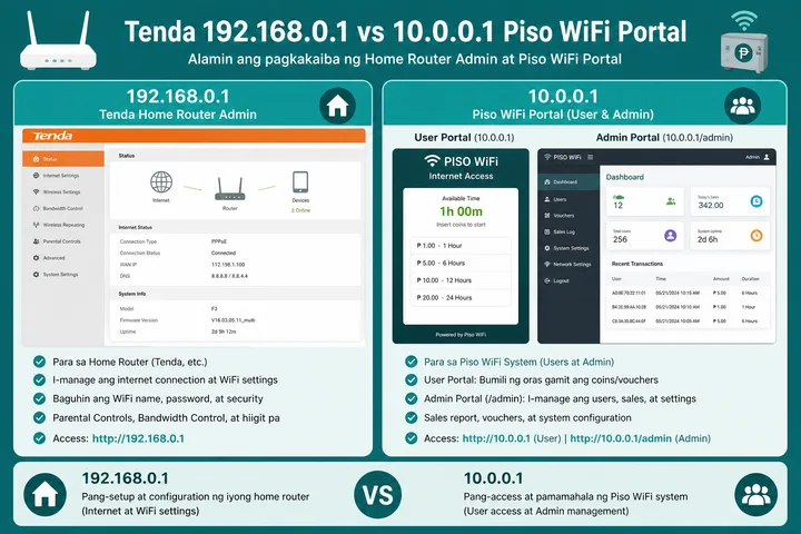 Tenda Login vs 10.0.0.1 Piso Tenda 192.168.0.1 login compared with 10.0.0.1 Piso WiFi portal