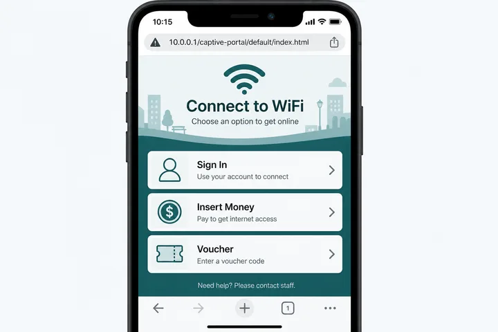 Captive portal sign-in and payment page on a local WiFi hotspot